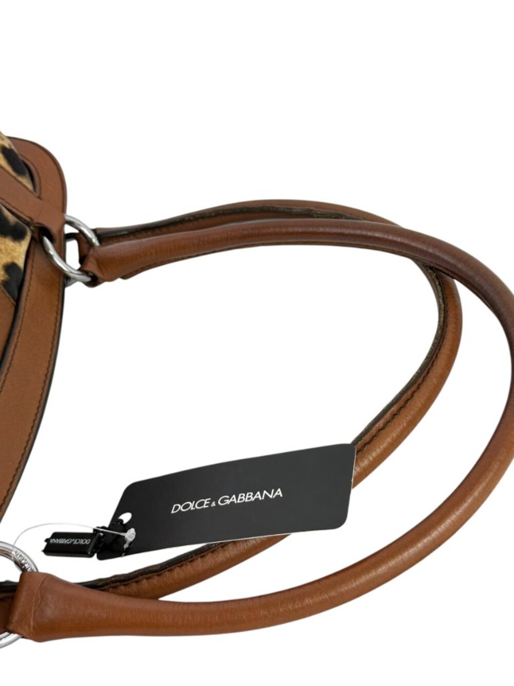DOLCE & GABBANA Leopard Print Canvas and Brown Leather Satchel Bag Made in Italy - Picture 8 of 15